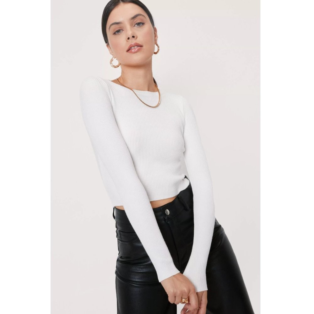 NWT Nasty Gal Cropped Ribbed Knit Crew Neck Sweater, White